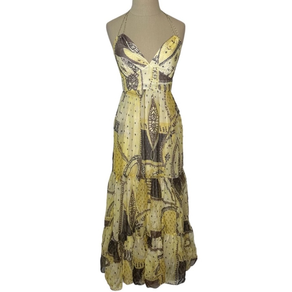 Elie Tahari. Halter Patchwork yellow silk maxi dress XS